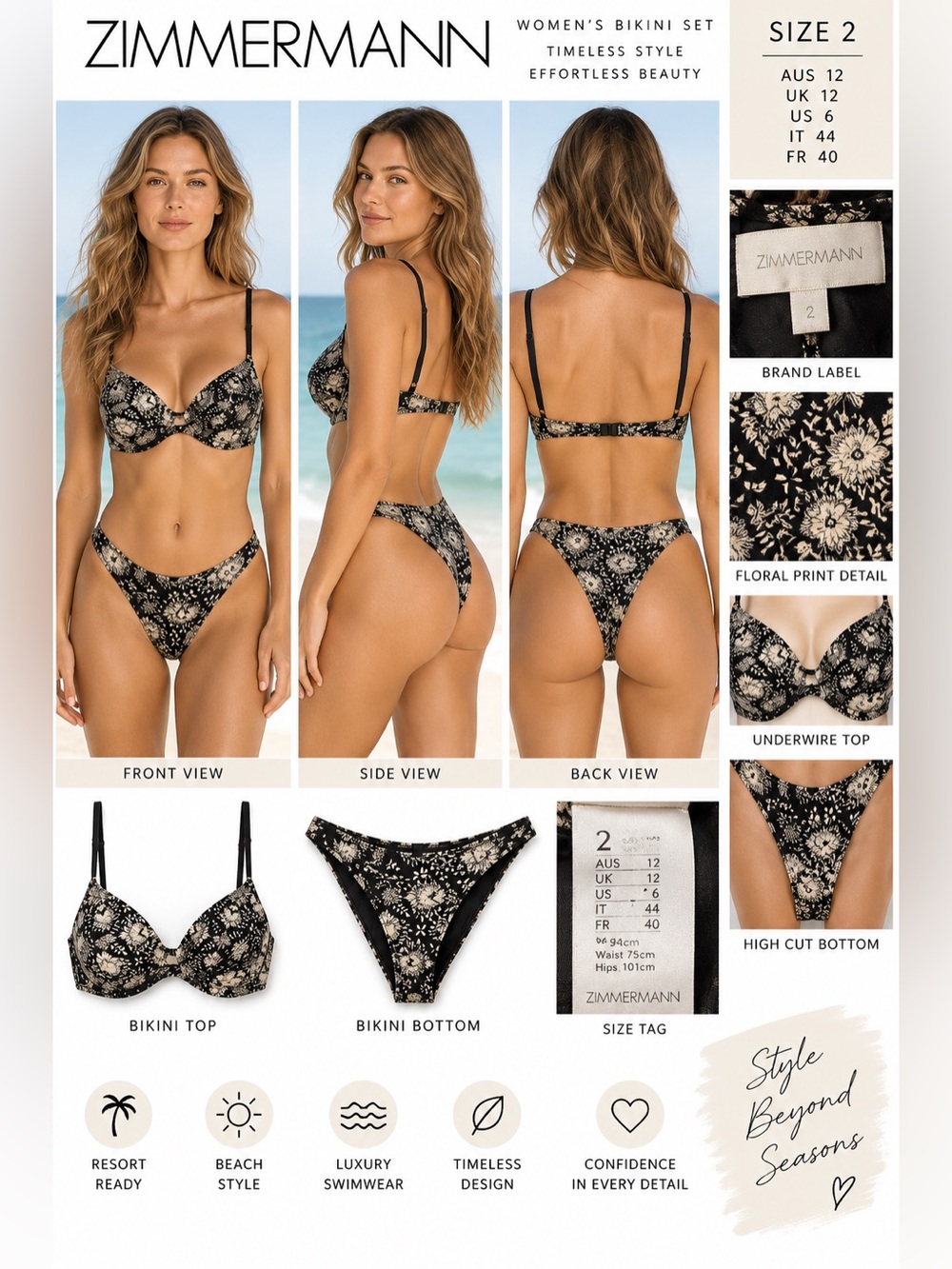Zimmermann Size 2 Black Cream Floral Bikini Set Underwire High Cut Swimsuit